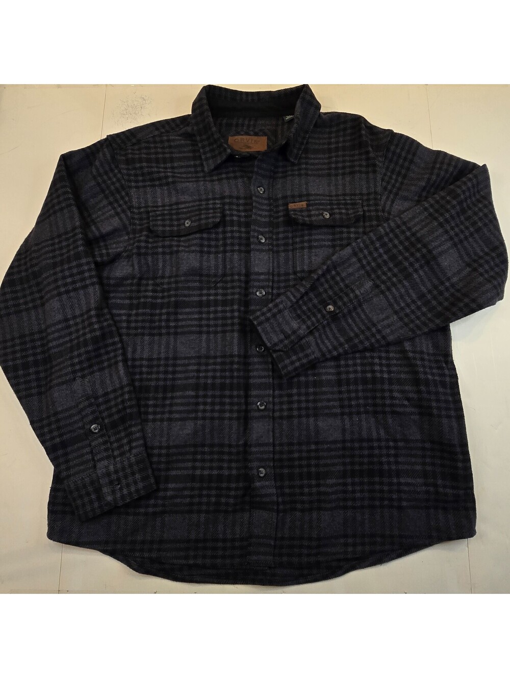Orvis Classic Gray/Blue Flannel Plaid Button Up Long Sleeve Shirt Men's XL